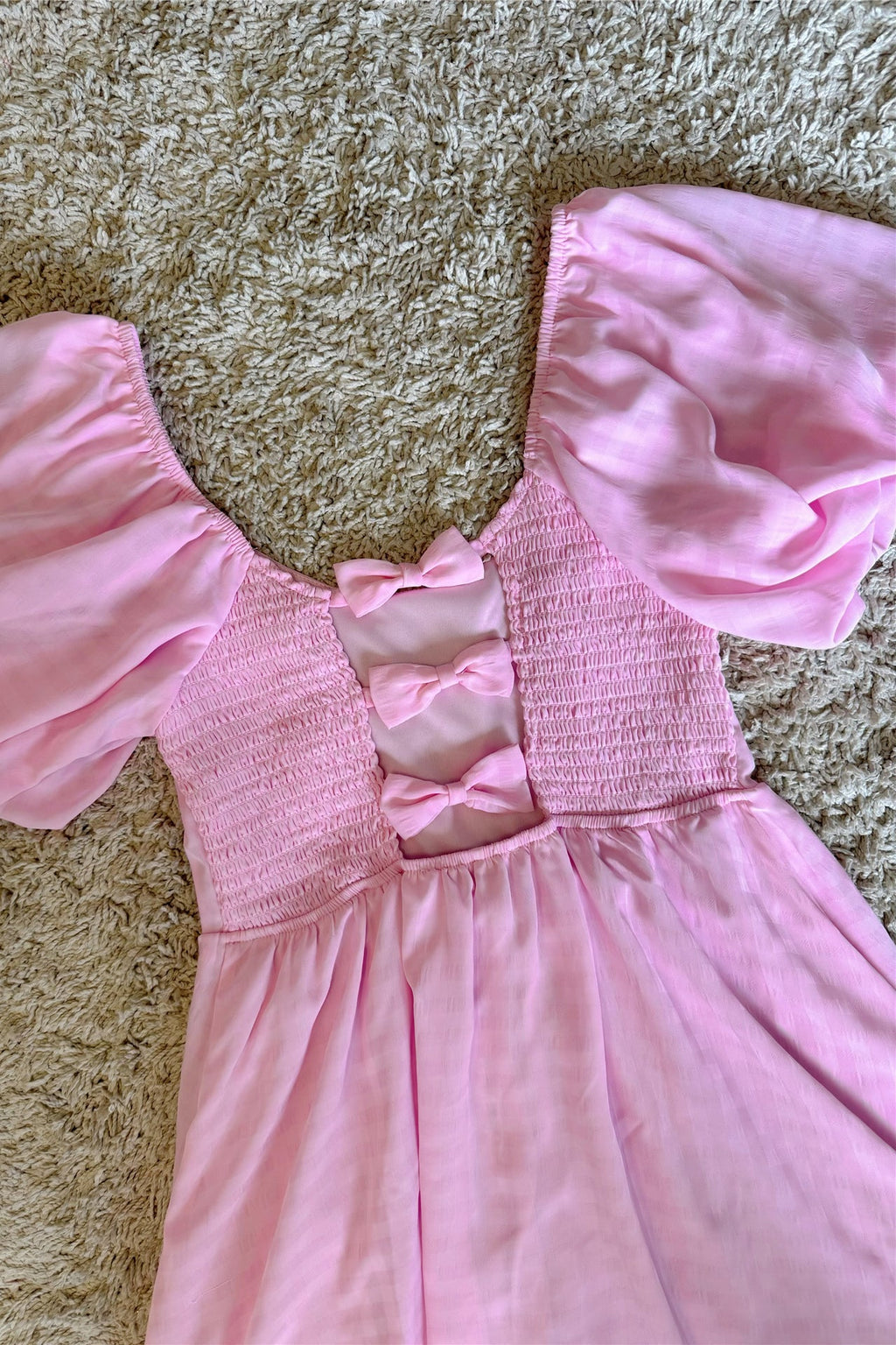 pink backless bow puff sleeve waist mini dress
