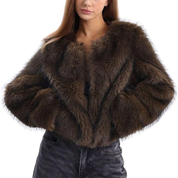 faux fur long-sleeved front open cropped coats
