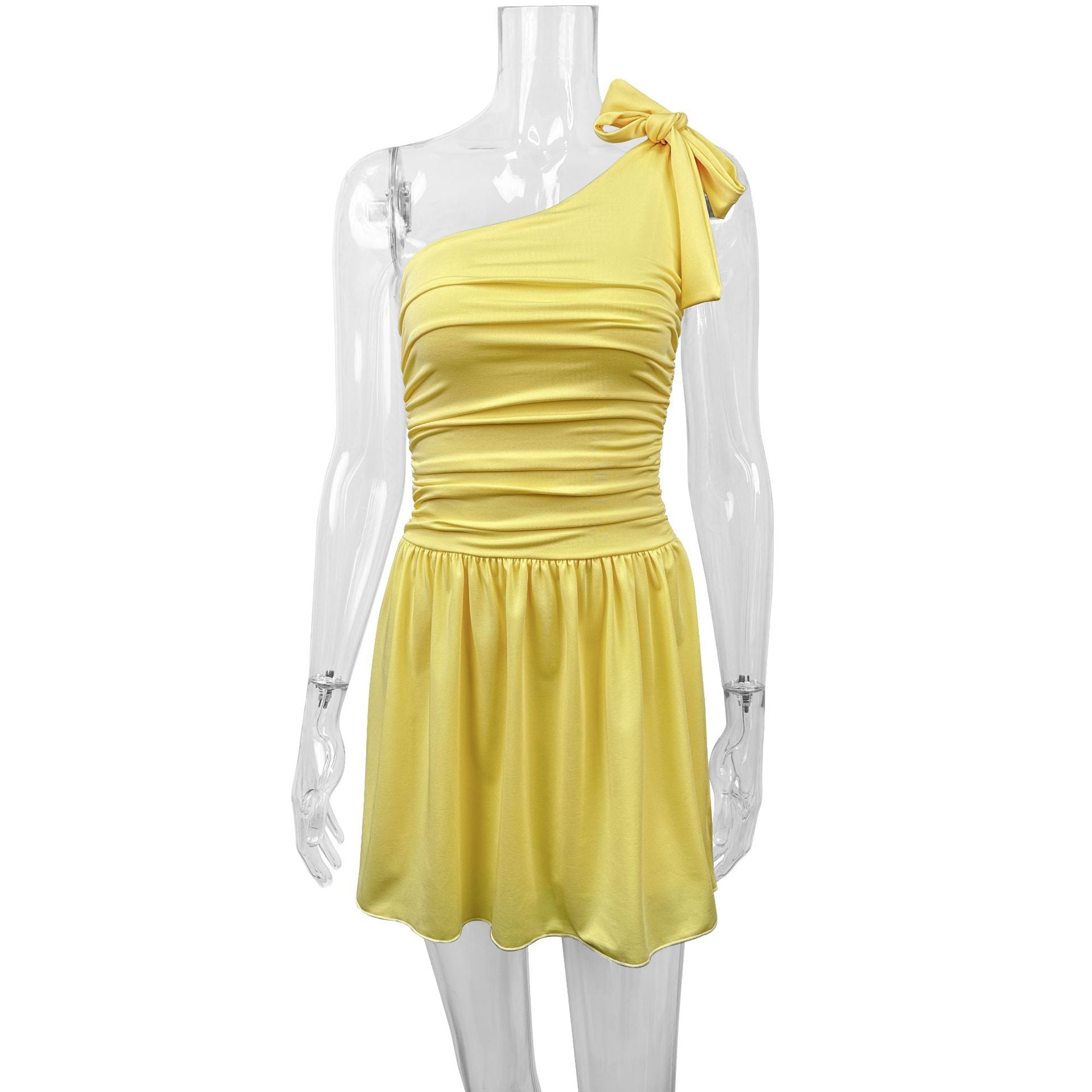 yellow One-shoulder fitted waist A-line mini dress