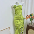 green flower side slit ruffled dress