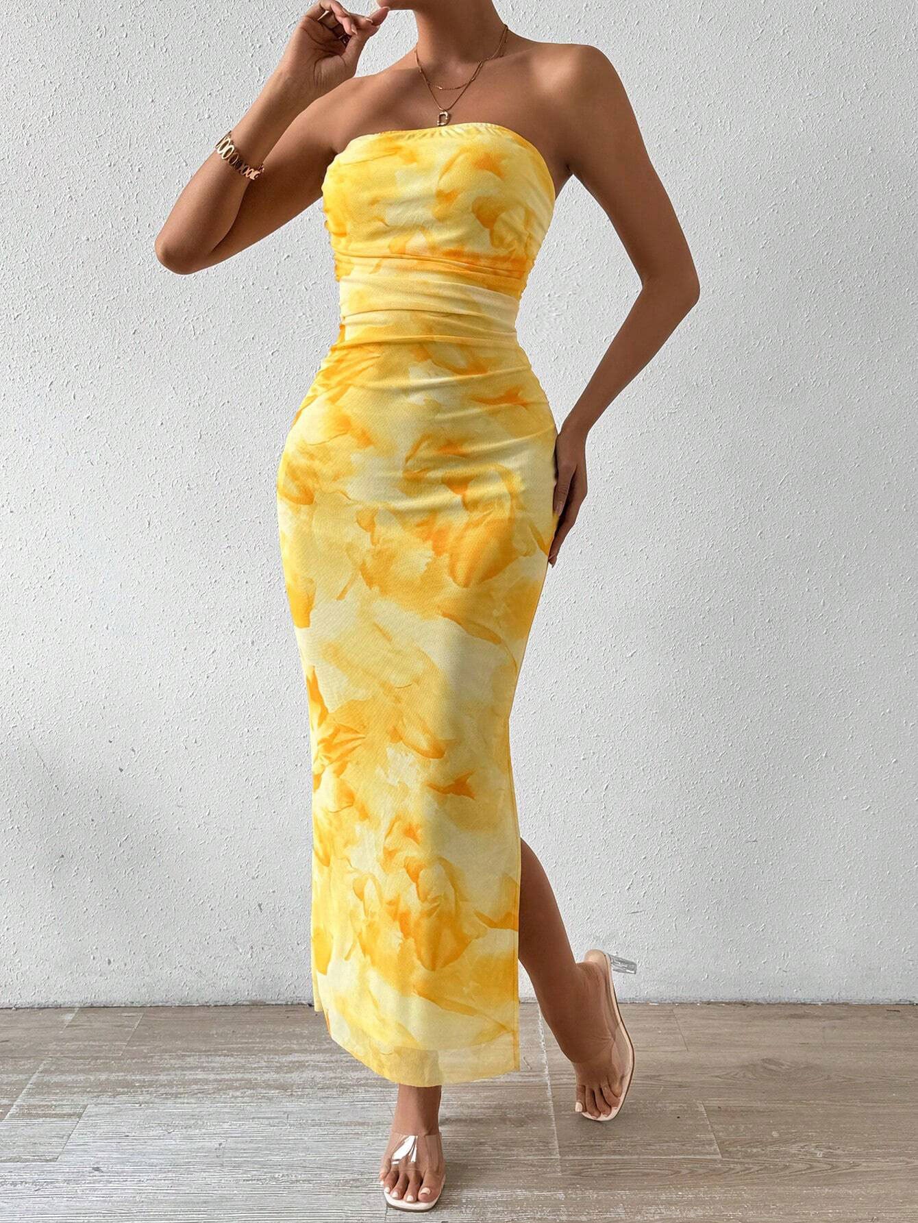 yellow Mesh Print High-Waisted Slit Strapless Bodycon dress