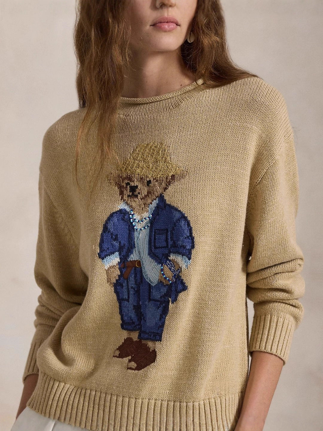 Jacquard long sleeves cartoon straw hat bear knitted sweater