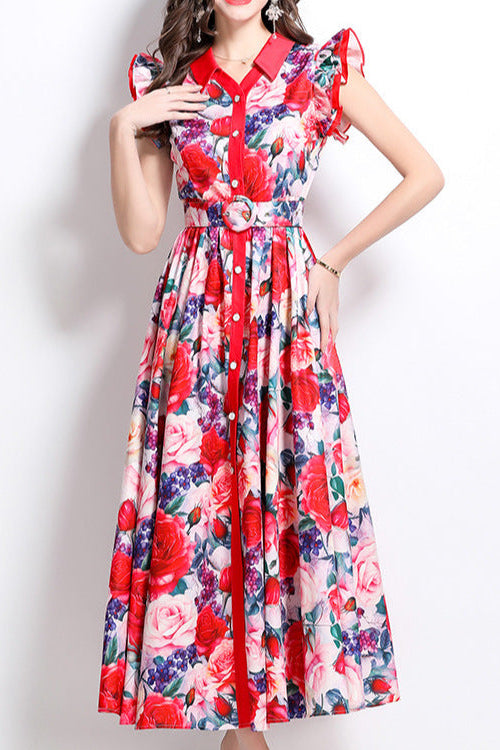 Printed ruffled sleeve collar single-breasted maxi dress