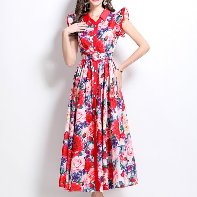 Printed ruffled sleeve collar single-breasted maxi dress