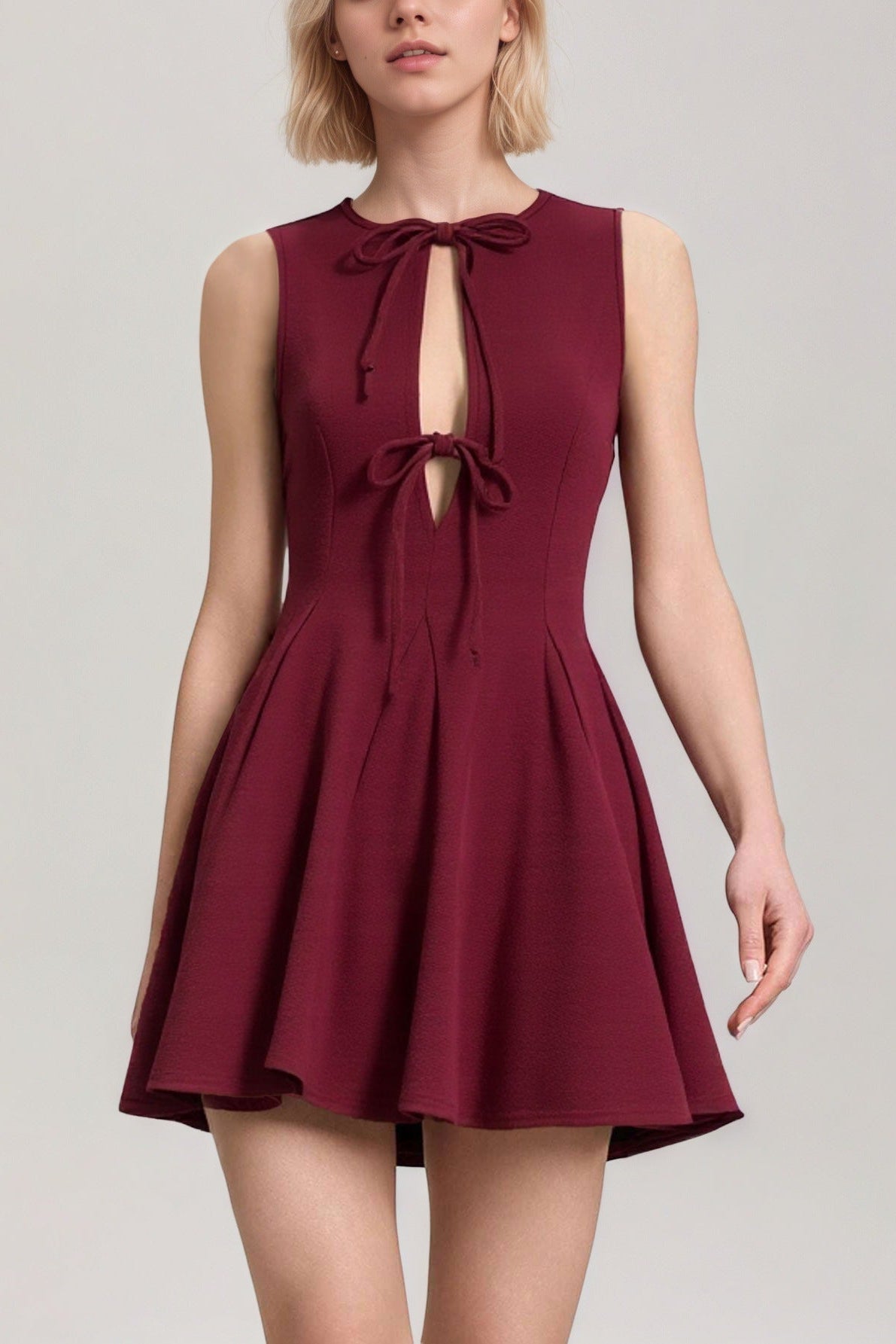 red Patchwork sleeveless fitted waist bow dress