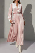 pink V-neck gold velvet maxi dress