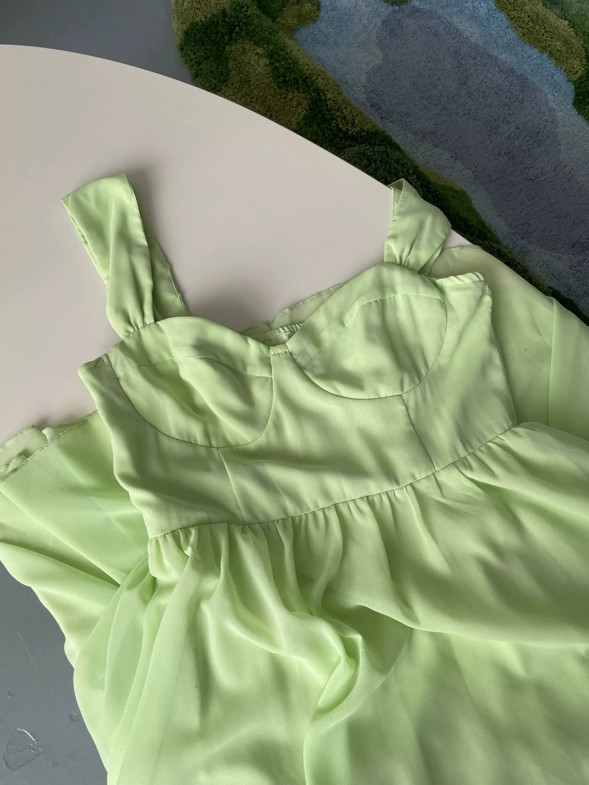 green ruffle suspender midi dress