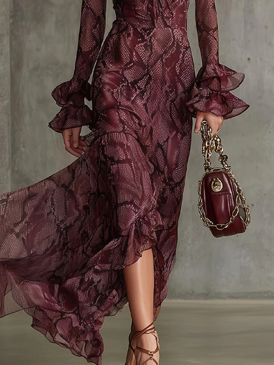 flared sleeve tether V-neck dress long sleeve maxi dress