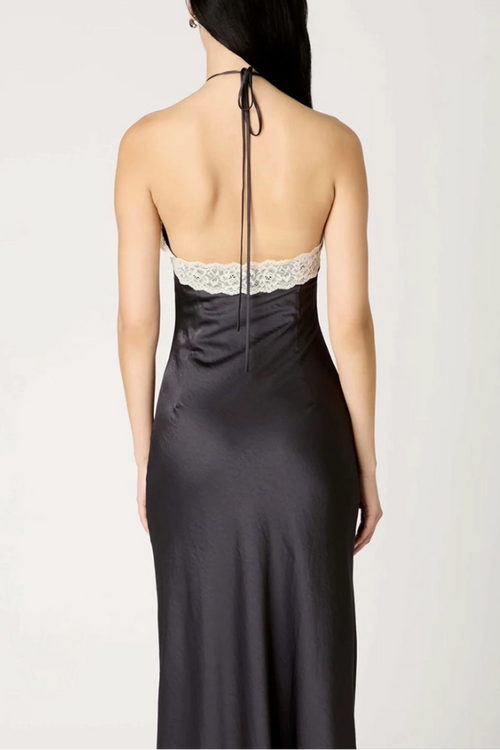 black halterneck lace patchwork satin waist open back maxi dress