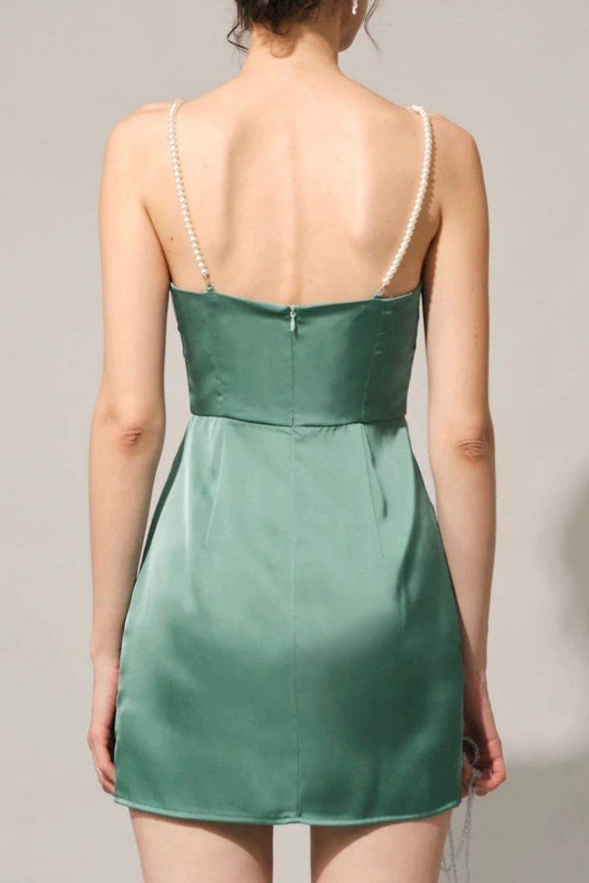 Green  Square Neck Pearl Suspenders mini Dress