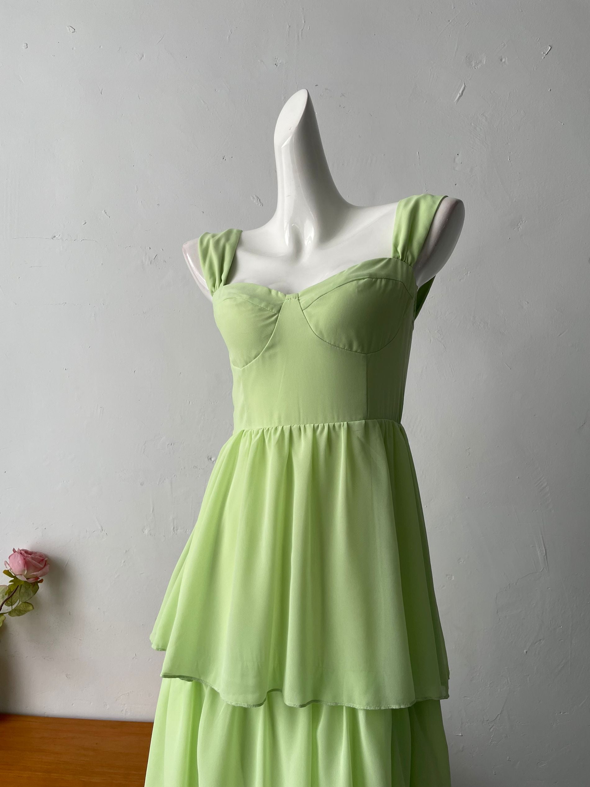 green ruffle suspender midi dress