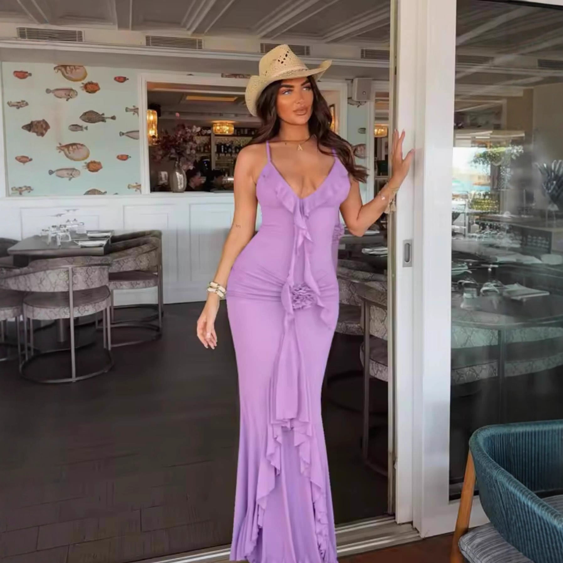 purple Ruffled Chiffon maxi Dress