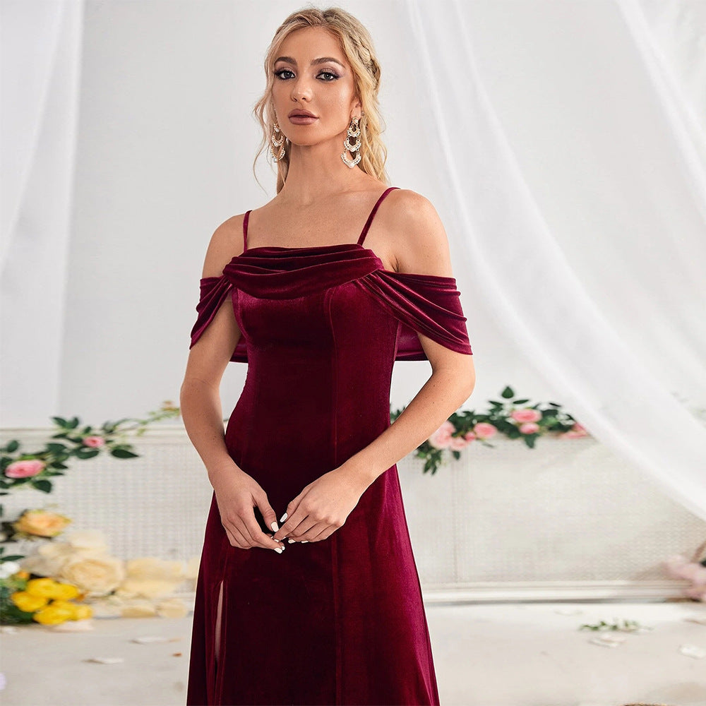 Slit Velvet Off-Shoulder Spaghetti Strap Dress