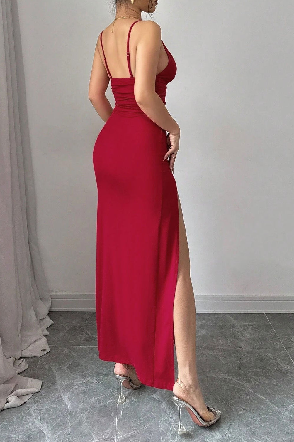 heather red Slit halter maxi dress