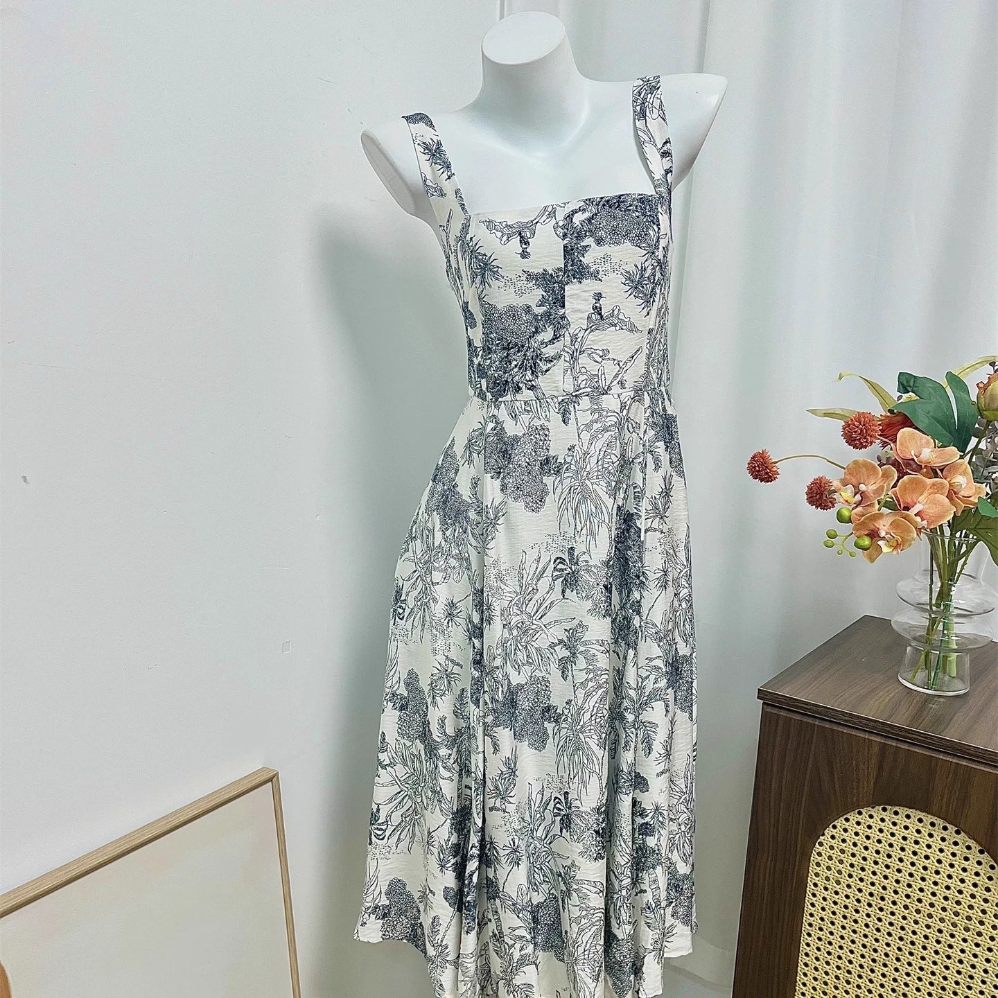 two-tone forest print square neck slip dress