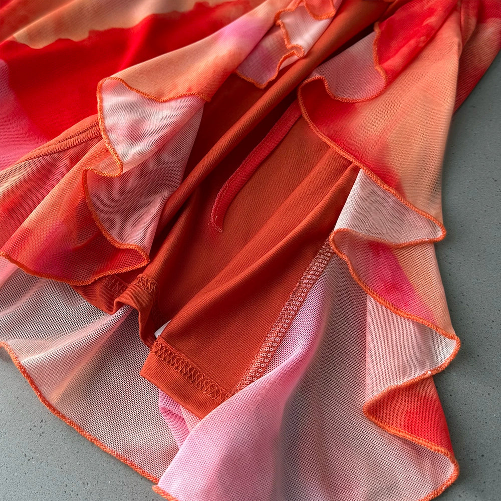V-neck Sleeveless Off-shoulder Wavy Ruffled Mesh Dress