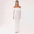 white long-sleeved knitted one-shoulder dress