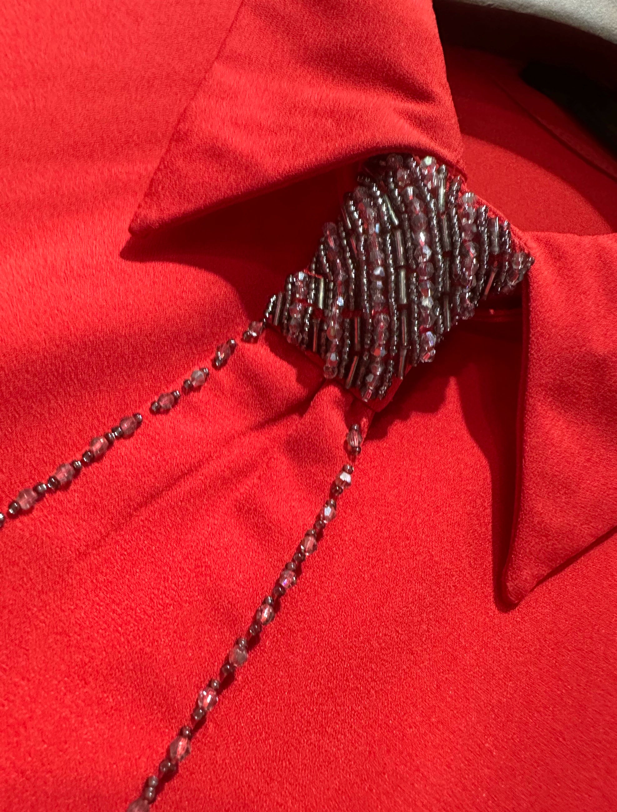 red beaded tie hip wrap long sleeve mini dress