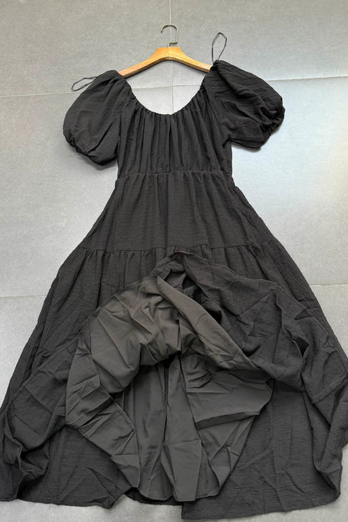 black U-neck bubble short sleeve elastic waist A-line dress