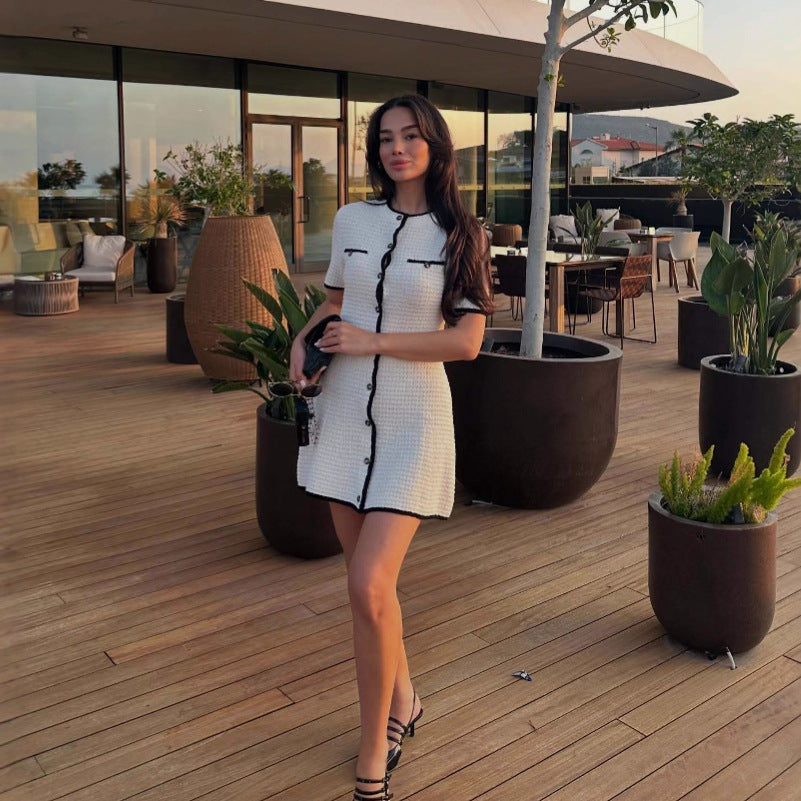 white knitted short-sleeved button-down  mini dress