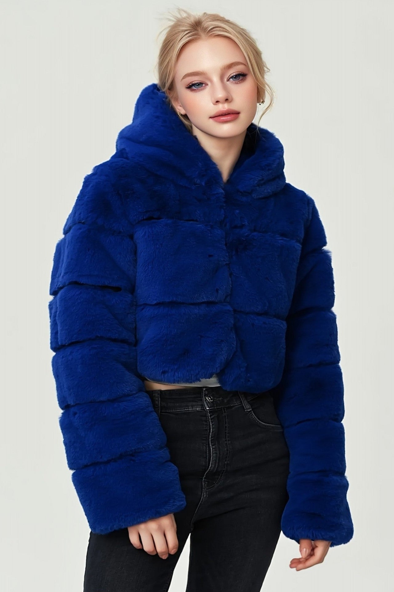 hooded imitation rabbit fur long sleeve spliced jacket