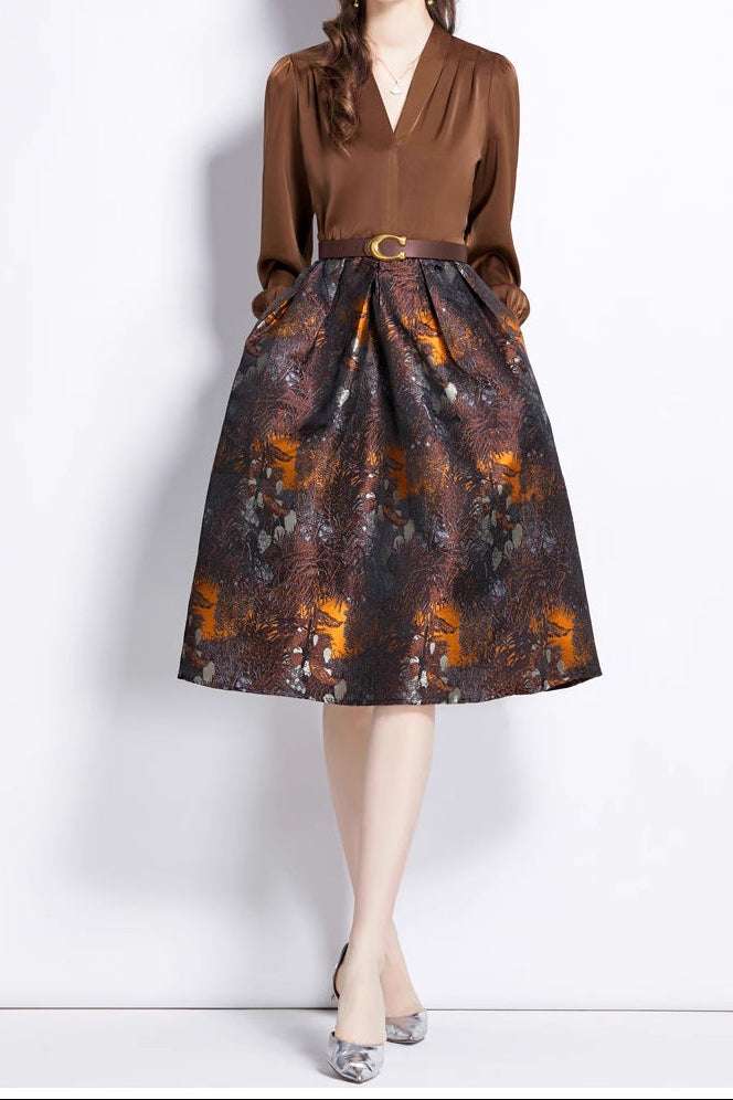 Deep V-neck patchwork jacquard puffy maxi dress