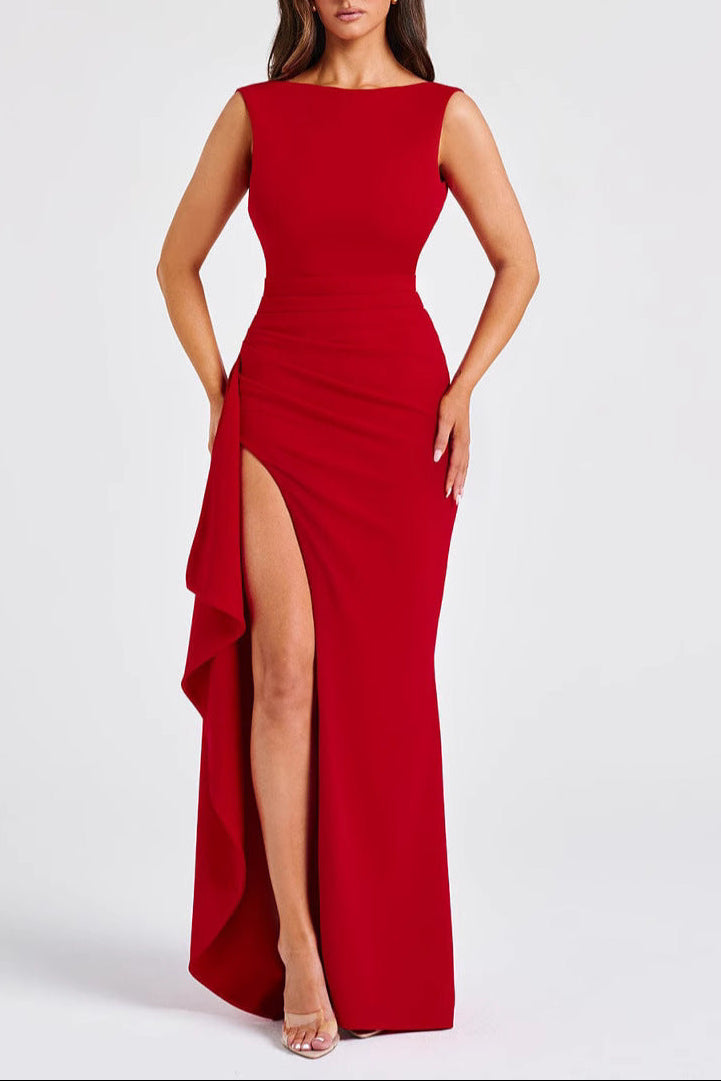 red Round neck high slit backless dress