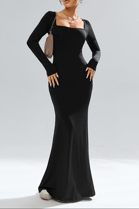 black Square neck knit long-sleeved bodycon maxi dress
