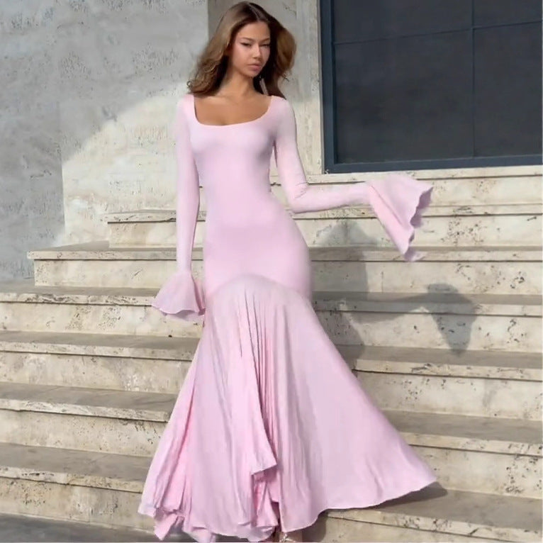 pink splicing irregular flared sleeve dress