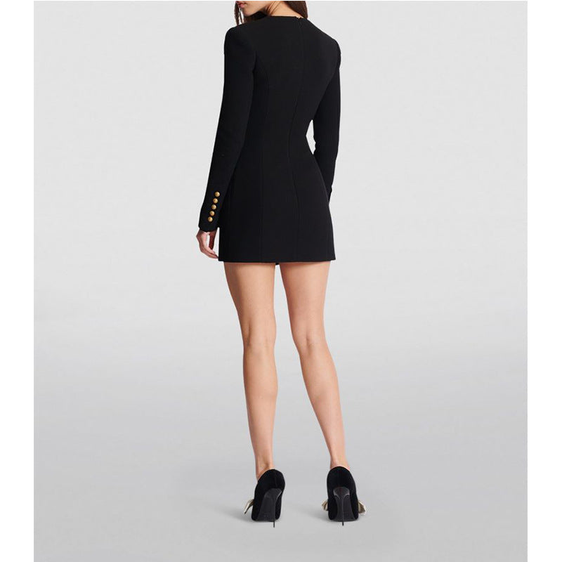 Long-sleeved square neck color-blocked slim-fit bodycon dress