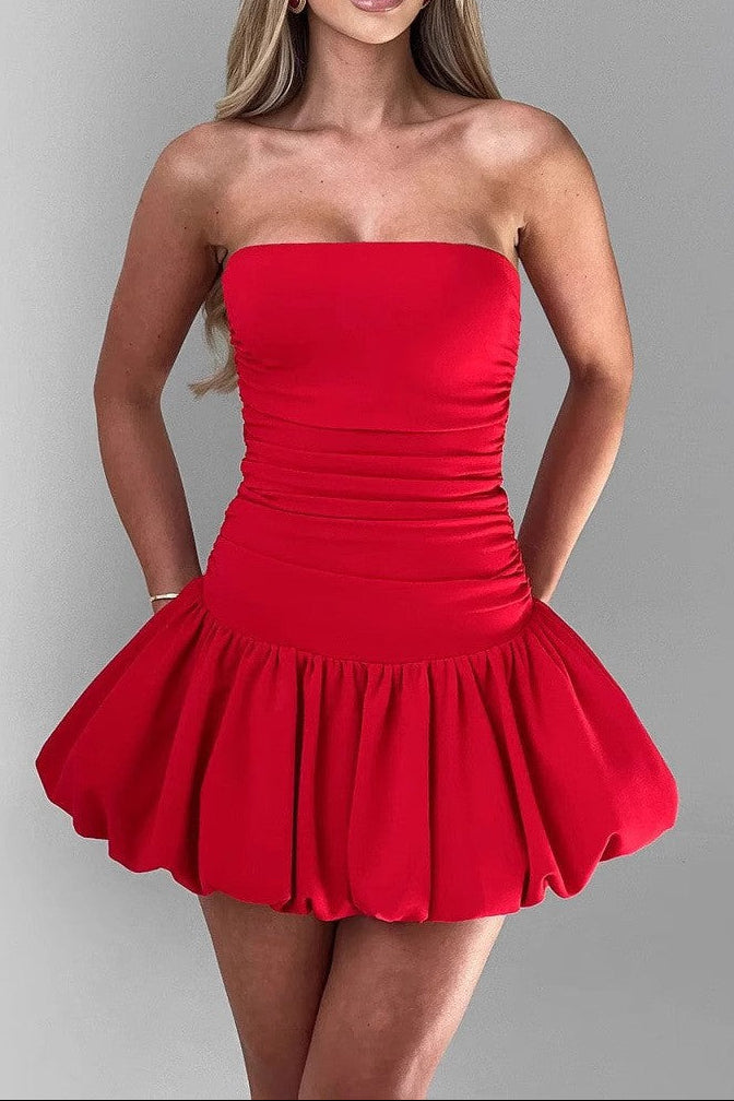 red Off-shoulder strapless sleeveless mini dress