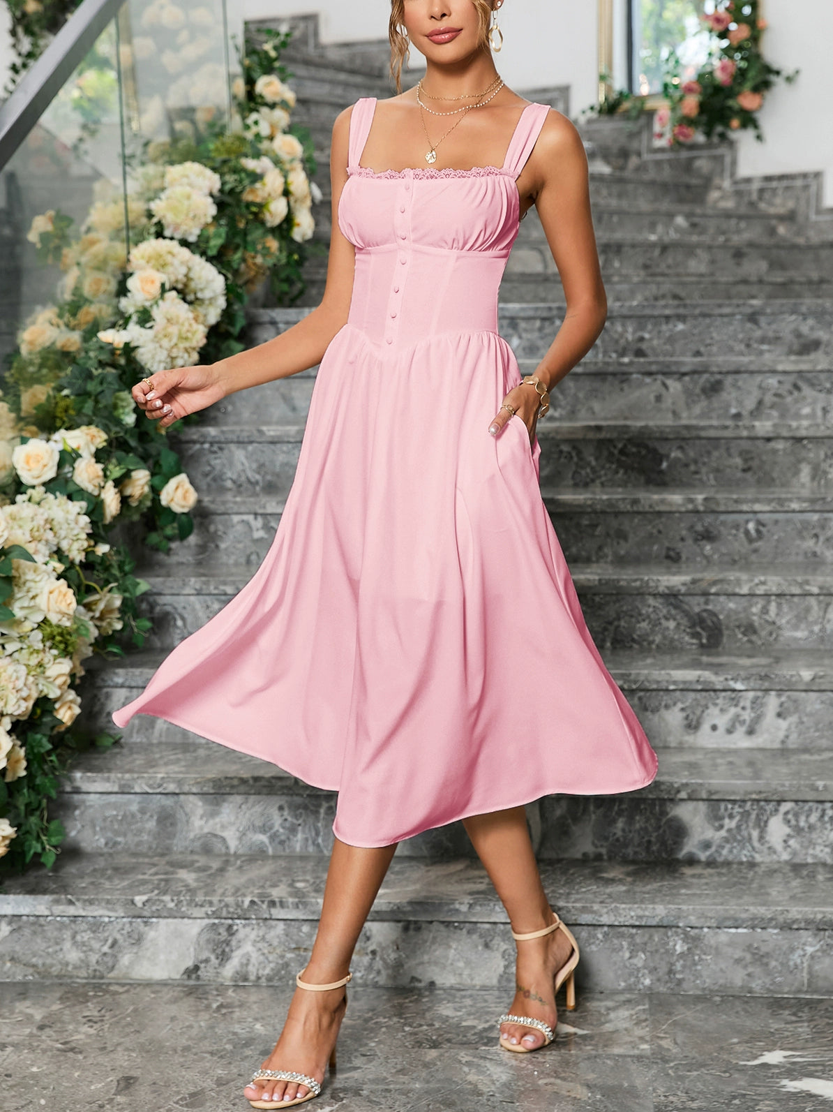 pink suspenders midi dress