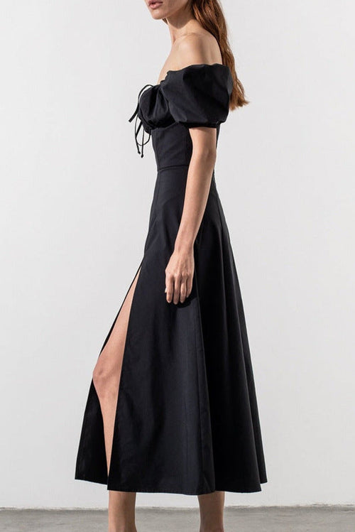 black Puff Sleeve Lace-up Slit Dress