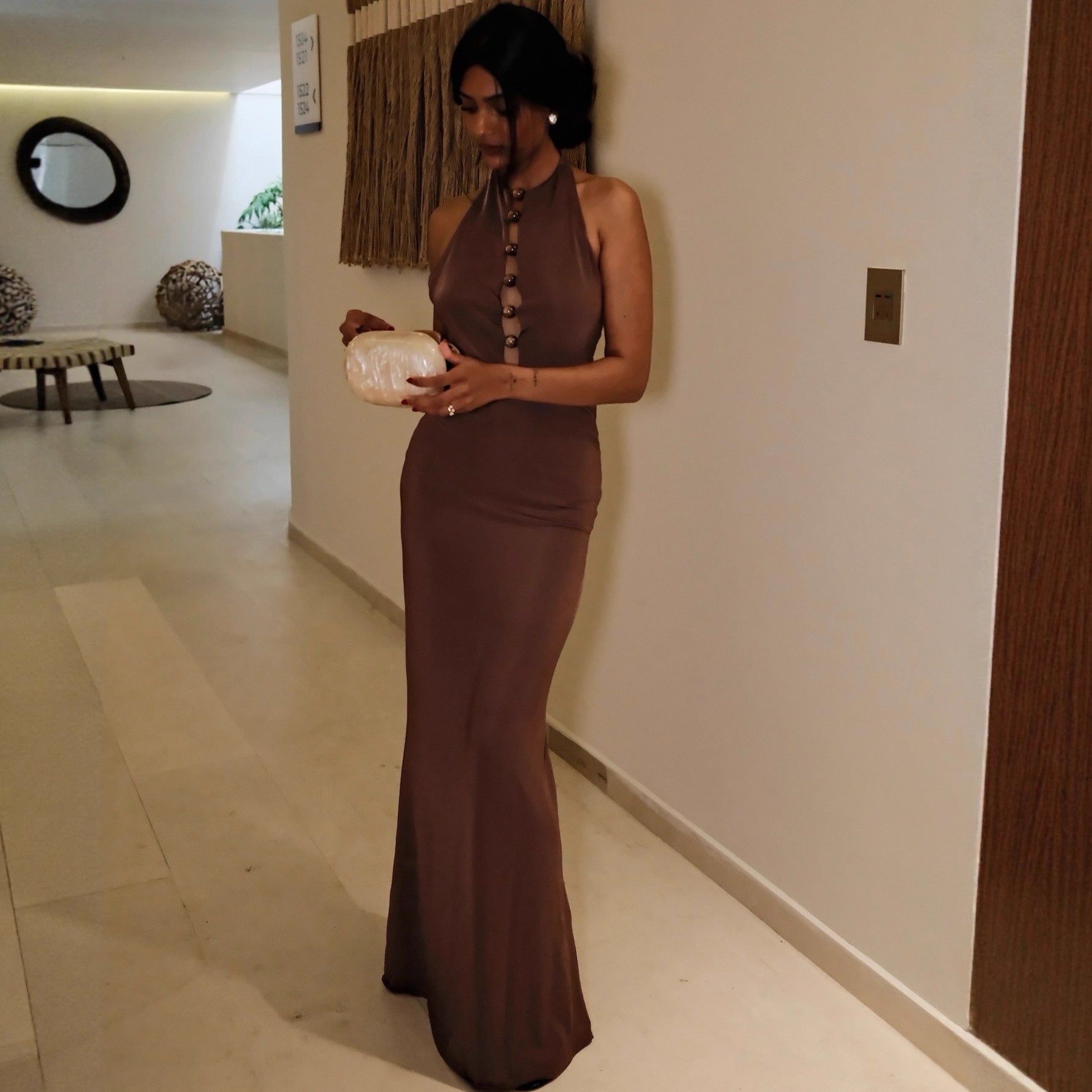 brown halterneck open back maxi dress