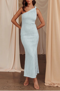 light haze blue one-shoulder texture midi dress