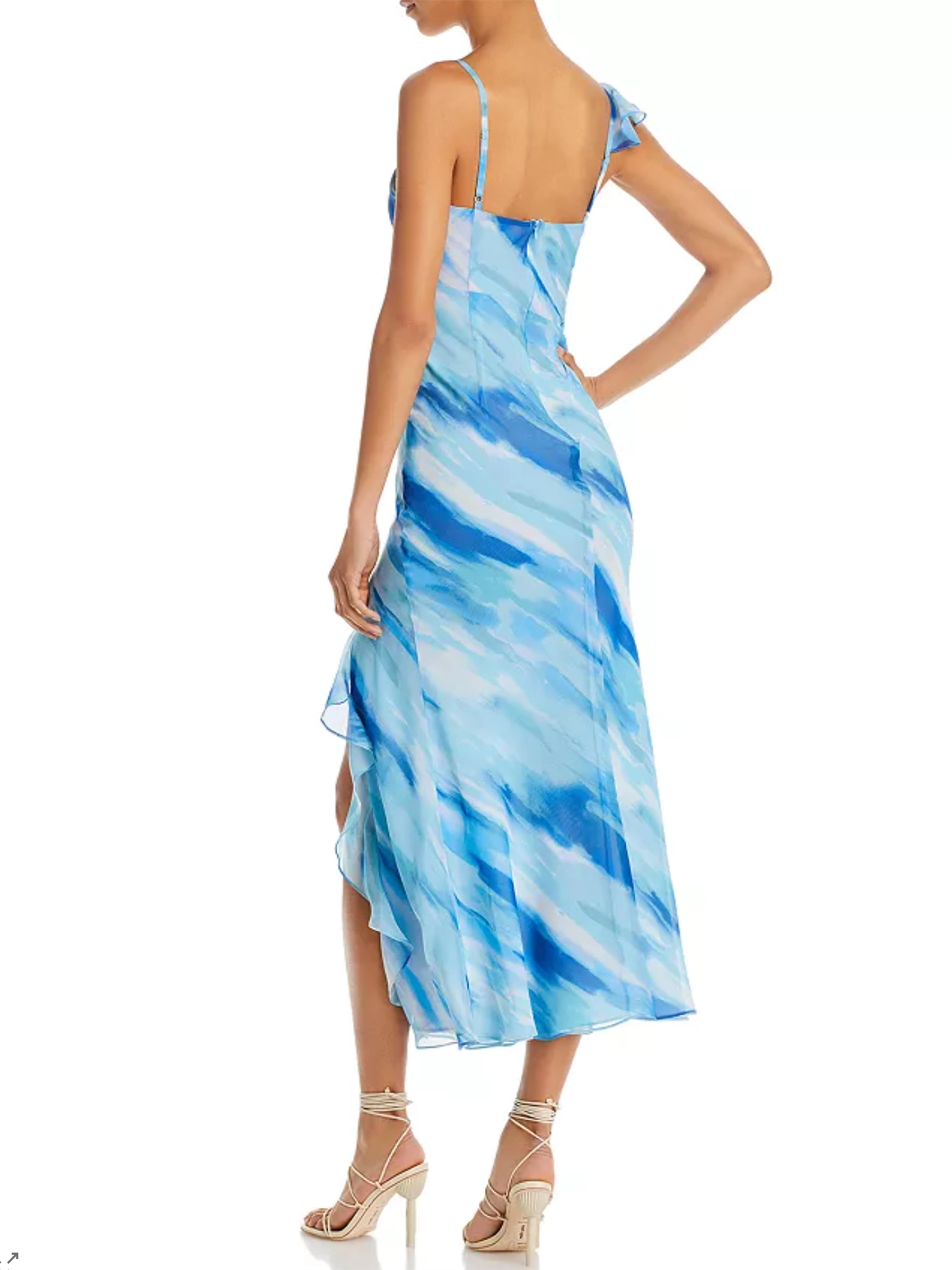 Blue Ocean V-Neck Ruffle Suspender Side Slit Dress