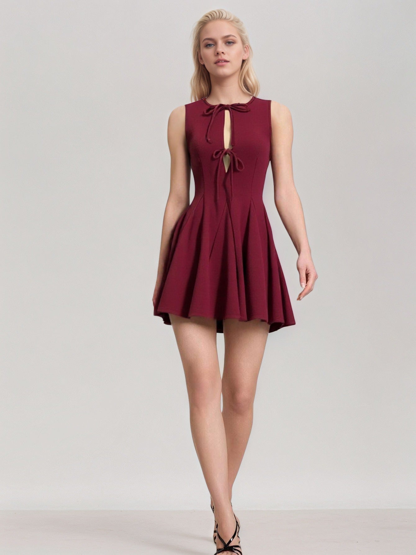 red Patchwork sleeveless fitted waist bow dress