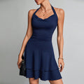 blue halter neck backless ruffle mini dress