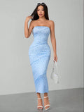 blue Floral strapless lace bodycon backless dress