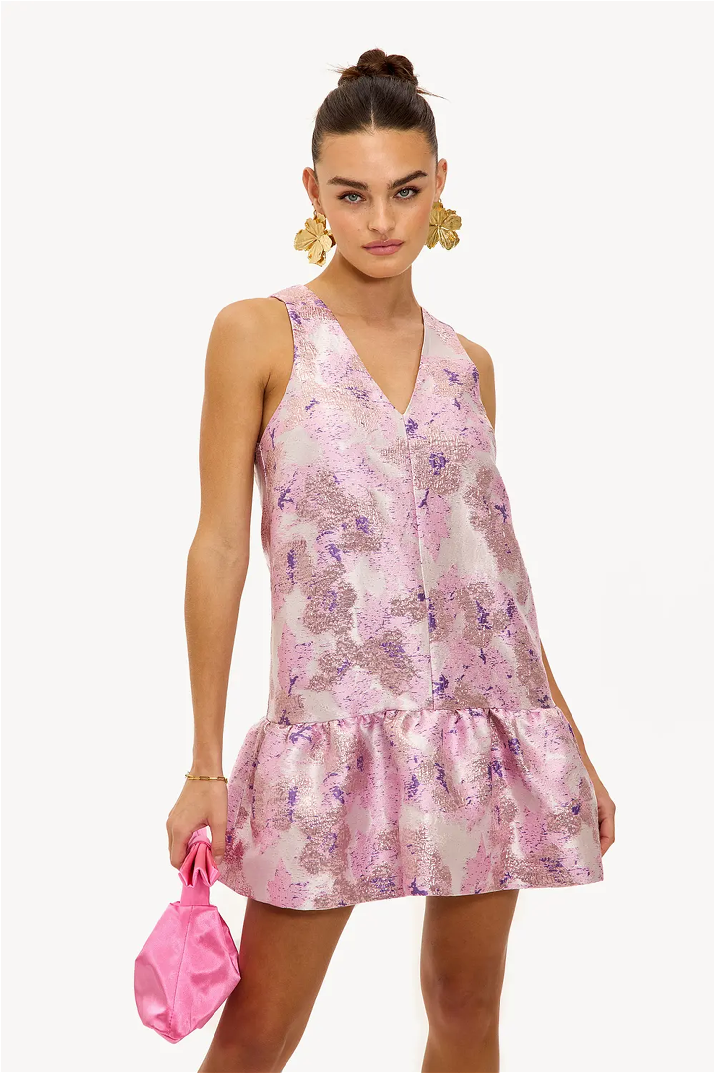 purple printed V-neck puffy mini dress