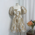 gold jacquard square neck puff sleeves puffy mini dress