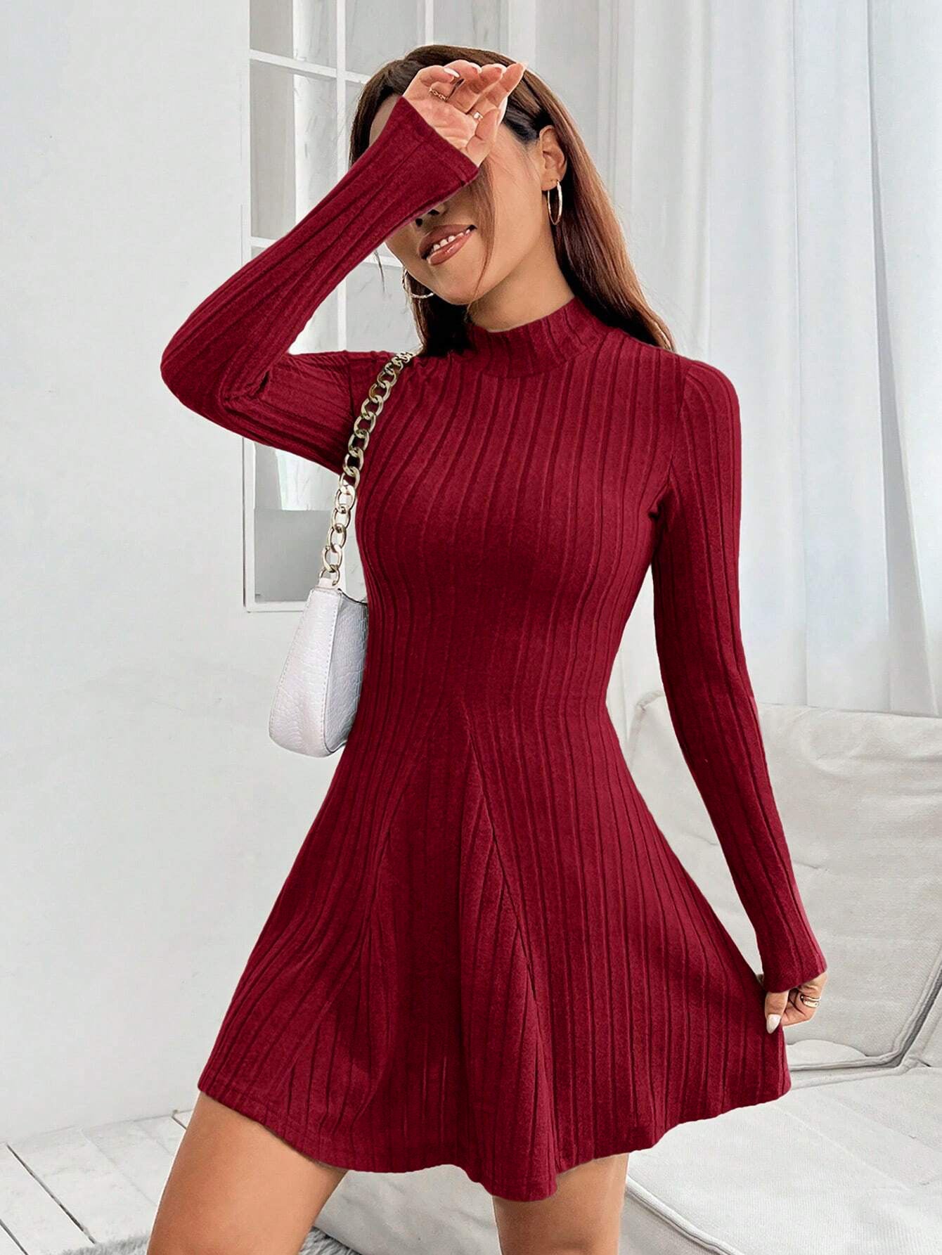 april red High-neck long-sleeved fitted A-line dress