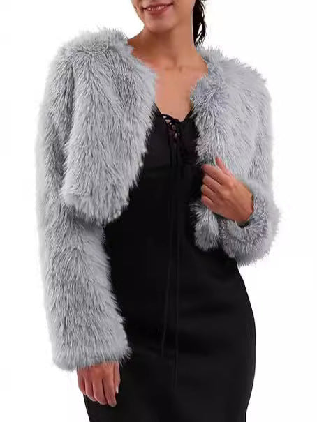 faux fur coat long sleeve collarless jacket