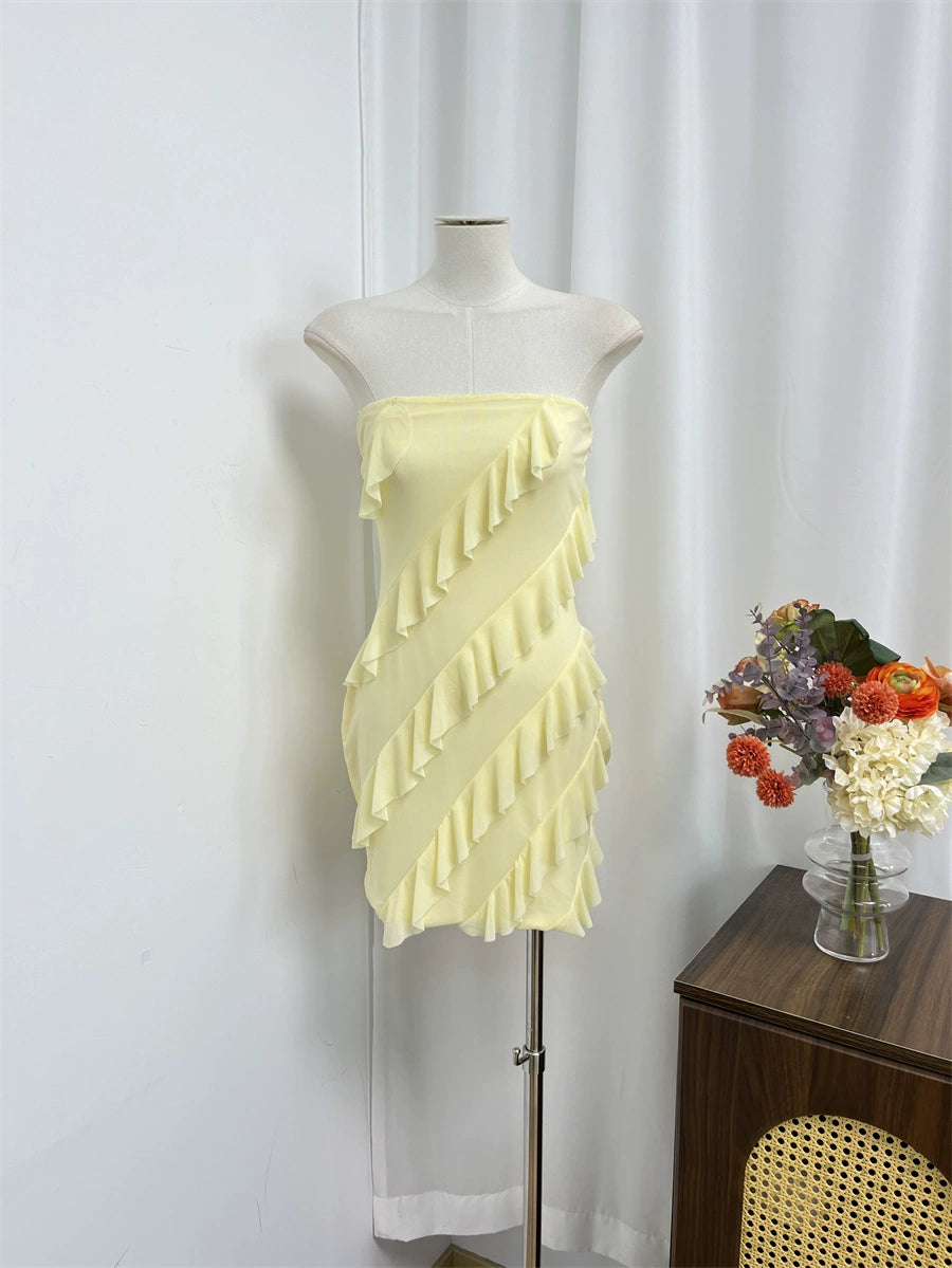 yellow mesh bandeau mini dress