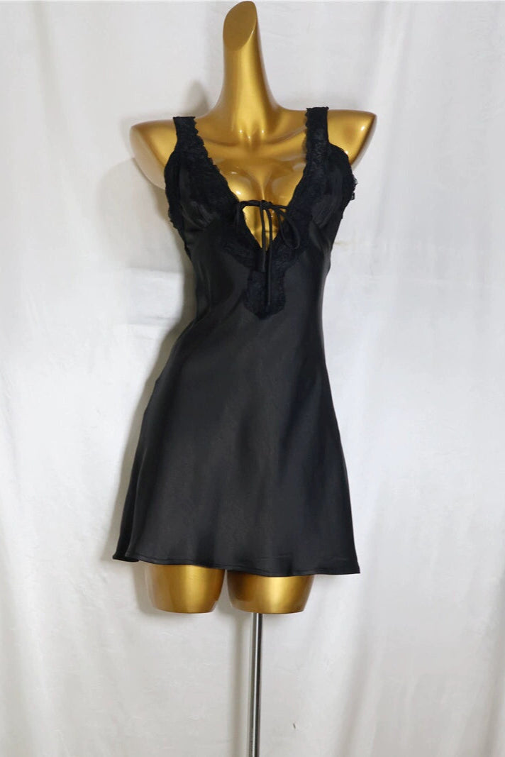 black satin V-neck mini dress