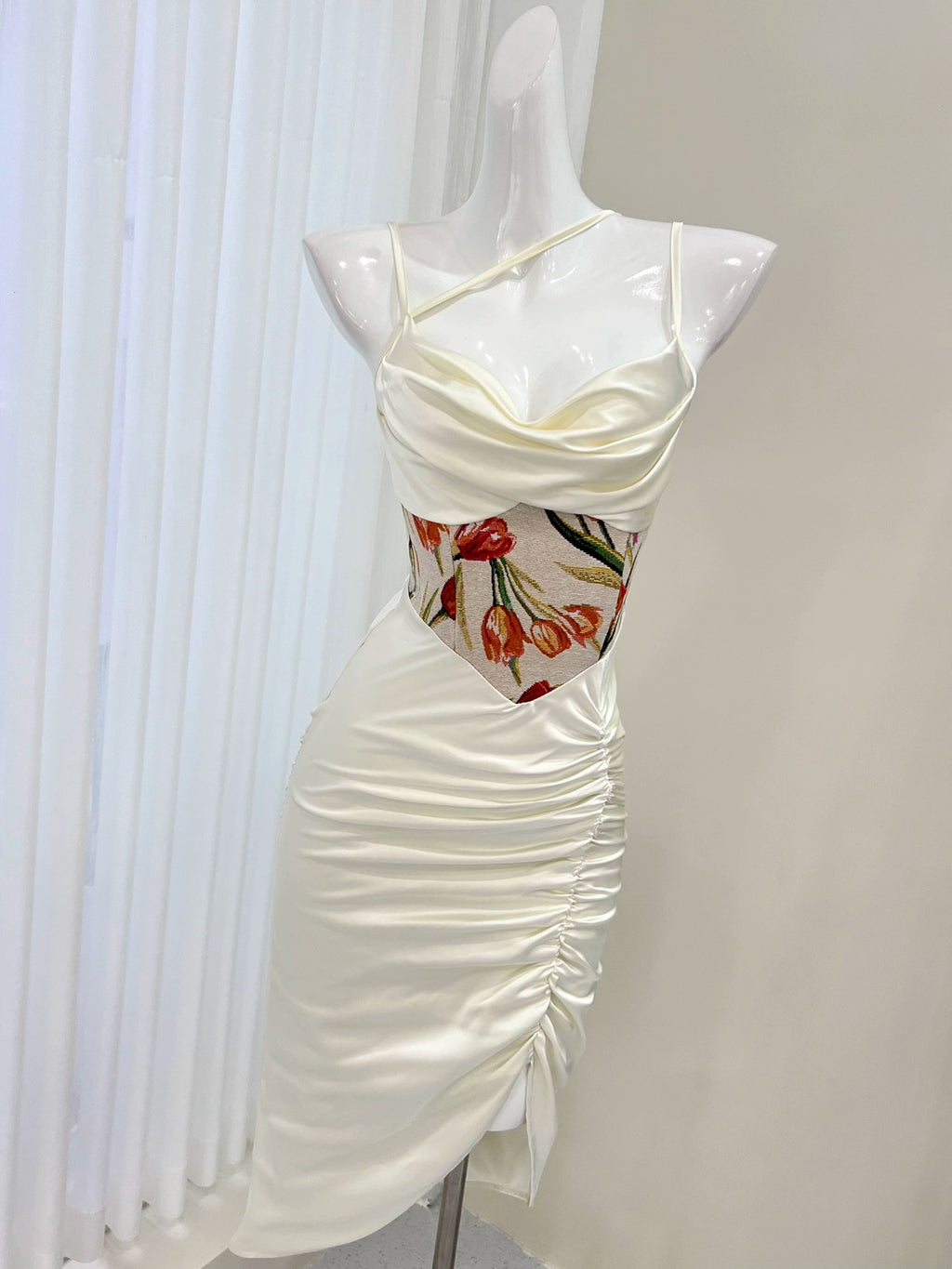 white print satin suspenders dress