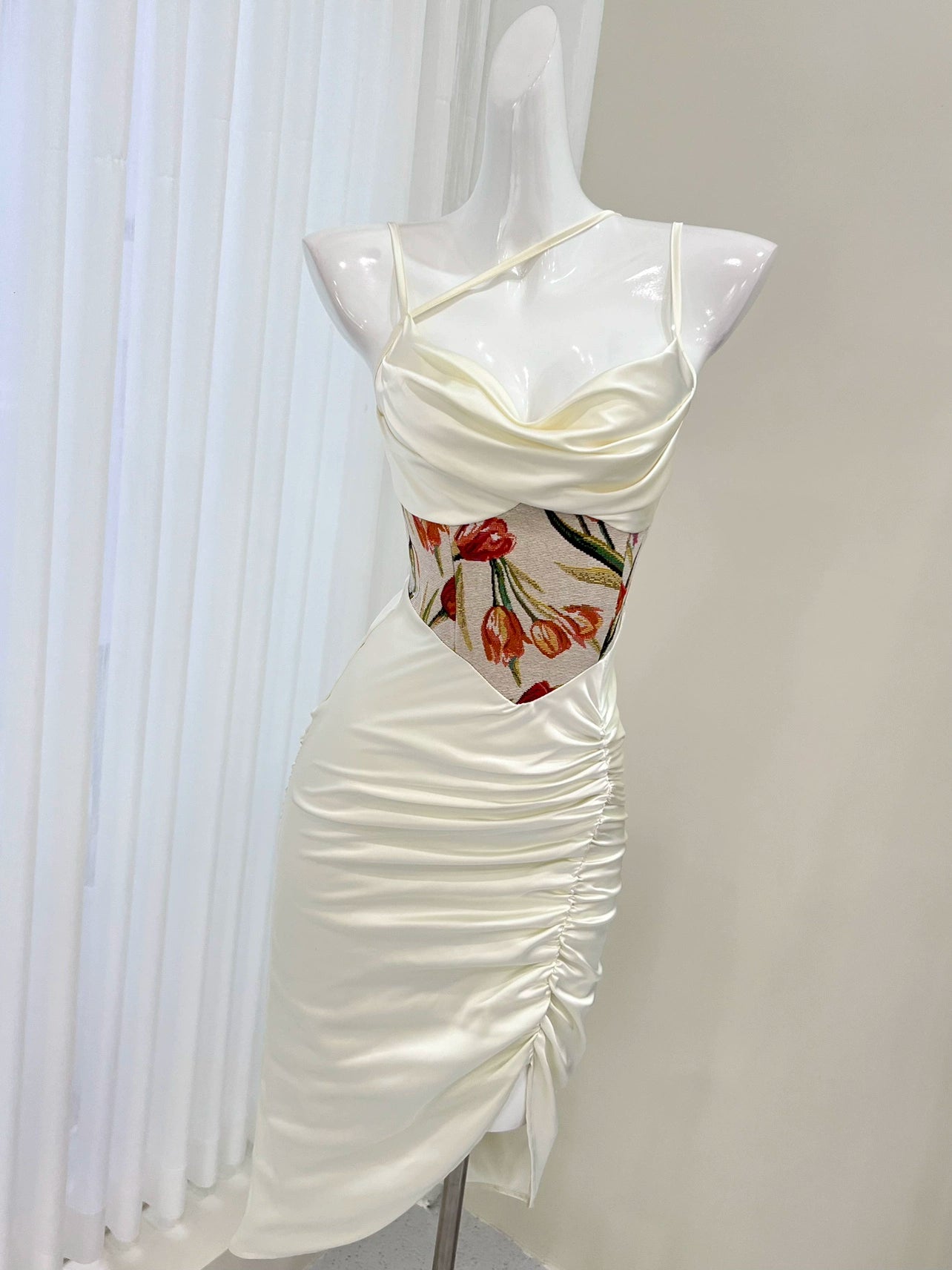 white print satin suspenders dress