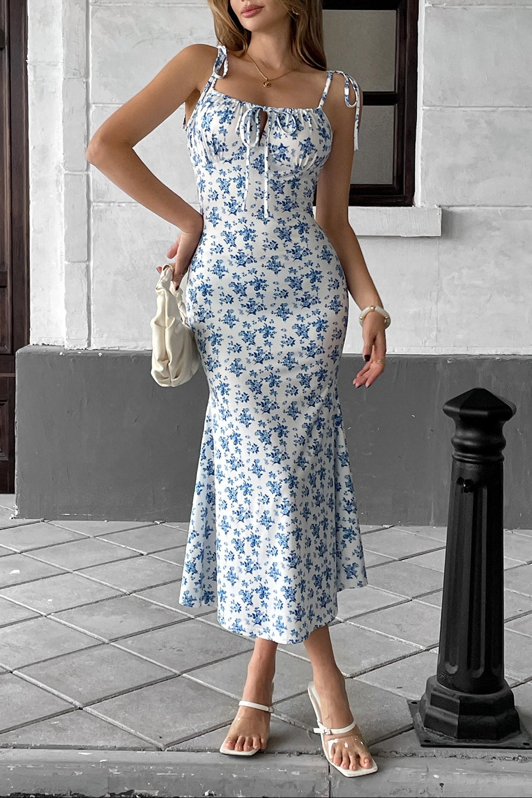 Floral print halter bodycon maxi dress