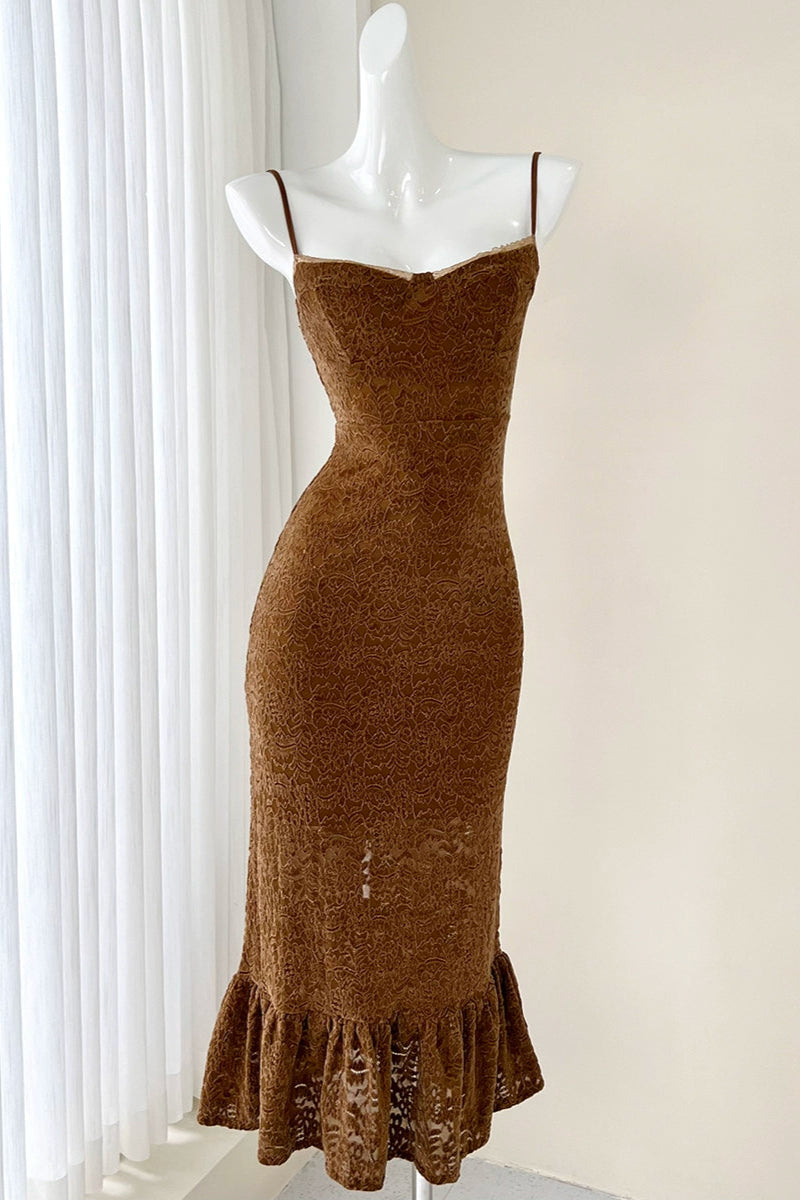slit lace fishtail hip suspender midi dress