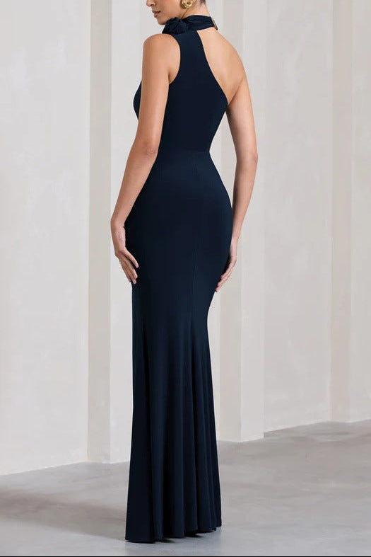 black One-shoulder slit three-dimensional floral dress